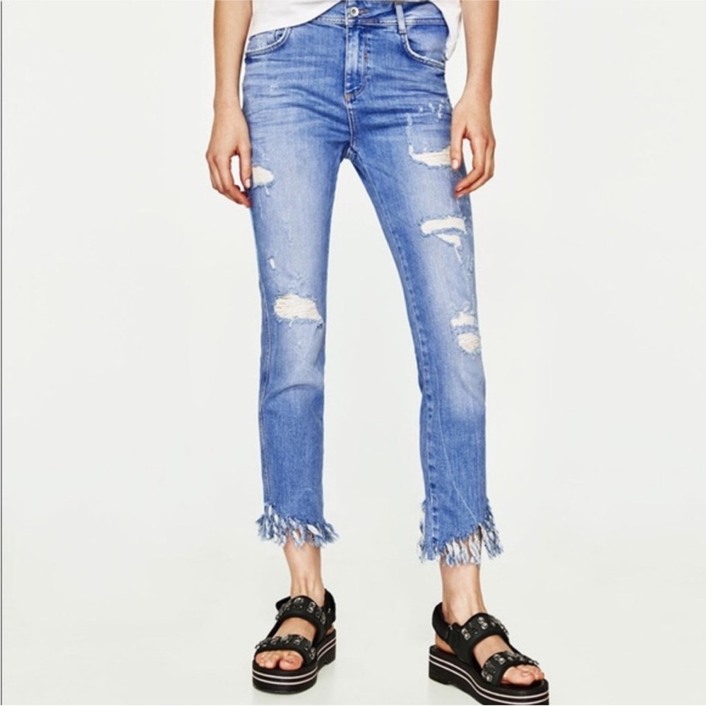 ZARA TRAFALUC DENIM STRETCH SKINNY DISTRESSED FRAY FRINGE BLUE ACID WASH JEANS 6